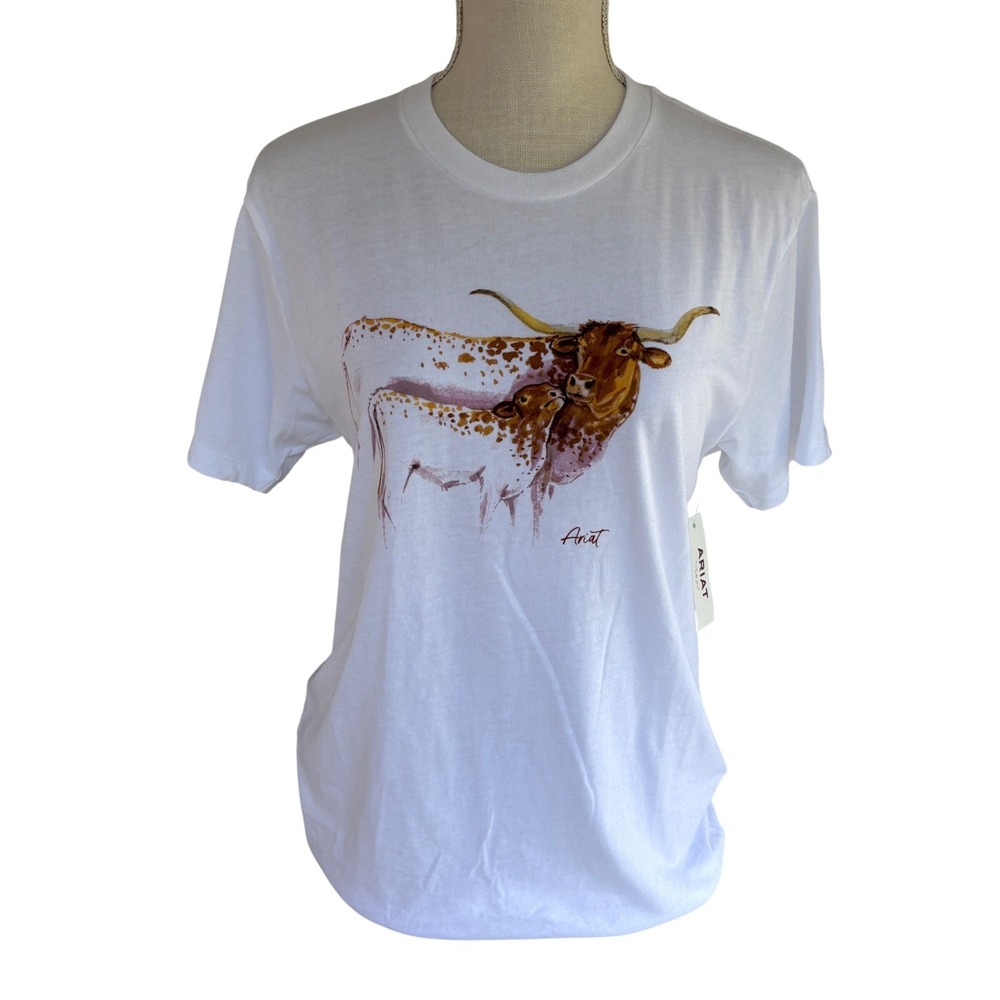 Ariat Women's XL T Shirt New White Short Sleeve Boyfriend Fit Longhorn Cow - Picture 2 of 10
